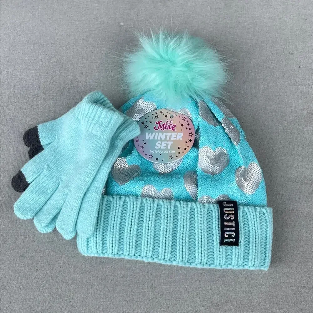 Justice Aqua Beanie Hat and Gloves Set with Silver Hearts NEW